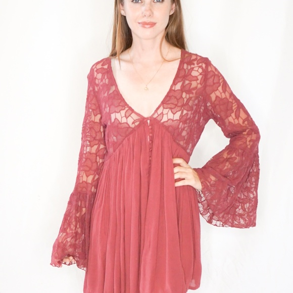 FREE PEOPLE Red Floral Lace Knit Tunic Dress Bell - Picture 2 of 7